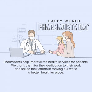 Illustration of a pharmacist consulting with a mother and child in a pharmacy setting.