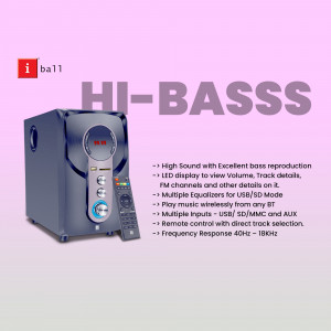 iBall Hi-Bass speaker system with remote control and features listed