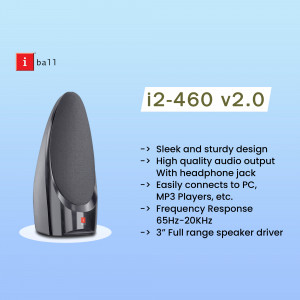 Black iBall i2-460 v2.0 speaker with product features listed