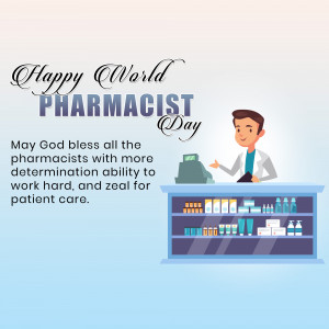 Illustration of a pharmacist at work with a 'Happy World Pharmacist Day' message.
