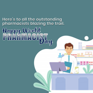 Illustration of a pharmacist working at a pharmacy counter with text 'Happy World Pharmacist Day'