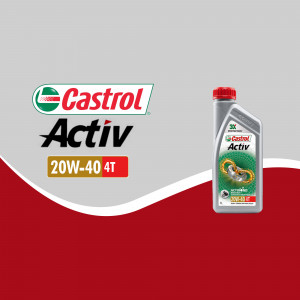 Castrol Activ 20W-40 4T motor oil bottle on a red and white background
