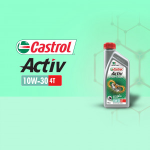Castrol Activ 10W-30 4T engine oil bottle on a light green background with hexagonal patterns.
