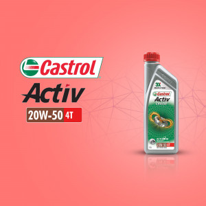 Castrol Activ 20W-50 4T engine oil bottle on a pink background