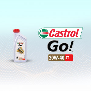 Castrol Go! 20W-40 4T engine oil bottle on a light blue background
