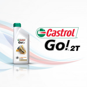 Castrol Go! 2T engine oil bottle with a dynamic background.