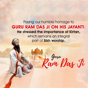 Image commemorating Guru Ram Das Ji Jayanti with a portrait of Guru Ram Das Ji and the Golden Temple in the background.