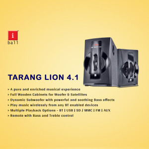 iBall Tarang Lion 4.1 black speaker system with product features listed