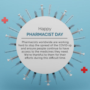 Image celebrating Pharmacist Day with syringes arranged in a circle around a message of gratitude.