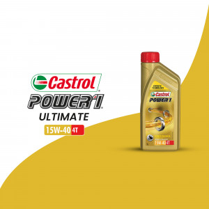 Castrol Power 1 Ultimate 15W-40T motor oil bottle on a yellow background