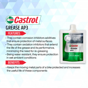 Castrol Grease AP3 product packaging with features and benefits listed.