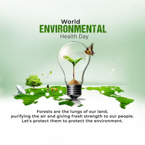 Image depicting World Environmental Health Day with a lightbulb containing a plant and a butterfly.