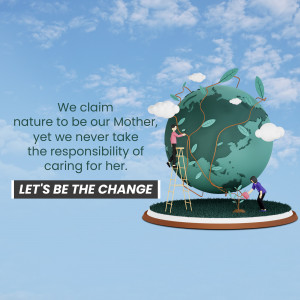 Illustration of people caring for a globe representing Earth, with a message about environmental responsibility.