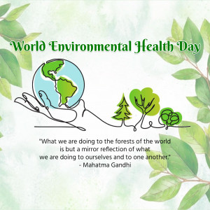 Illustration of hands cradling the Earth with green foliage and a quote by Mahatma Gandhi.