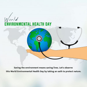 Illustration depicting World Environmental Health Day with a globe, stethoscope, and hand.