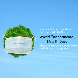 A green globe shaped like a bush wearing a face mask against a blue sky with text promoting World Environment Health Day.
