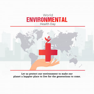 World Environmental Health Day poster with a hand holding a red plus sign over a world map.