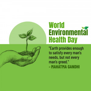 Illustration of a hand holding a seedling with a green background and text celebrating World Environment Health Day.