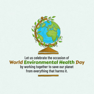 Illustration of Earth surrounded by leaves with text celebrating World Environmental Health Day