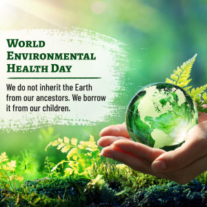 A hand holding a glass globe with the Earth inside, surrounded by lush green foliage, promoting World Environmental Health Day.