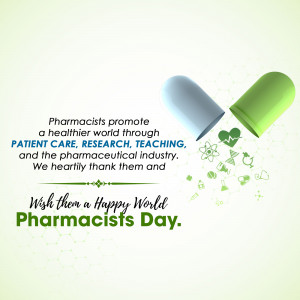 Image celebrating World Pharmacists Day with a pill capsule and healthcare symbols.