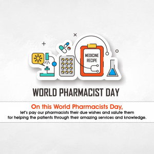 Illustration celebrating World Pharmacist Day with medical icons and text.