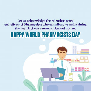 Illustration of a pharmacist working at a pharmacy counter with text celebrating World Pharmacists Day.