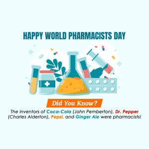 Illustration celebrating World Pharmacists Day with beakers, pills, and a fun fact about pharmacists inventing popular beverages.