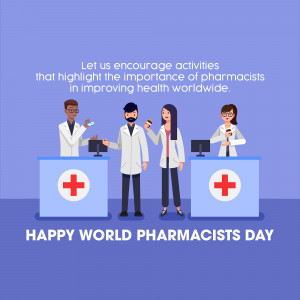 Illustration of pharmacists working at a counter with a red cross symbol, celebrating World Pharmacists Day.