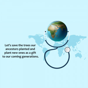 Illustration of Earth with a stethoscope, promoting tree planting and environmental conservation.