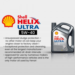 Shell Helix Ultra 5W-40 motor oil in a black and yellow container with the Shell logo.