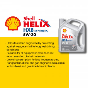 Shell Helix HX8 Synthetic 5W-30 motor oil bottle with product information.