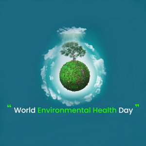A globe covered in greenery and clouds with the text 'World Environmental Health Day'