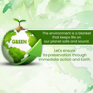 A green globe with a sprout growing on top and text promoting environmental preservation.