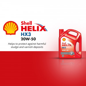 Shell Helix HX3 20W-50 motor oil in a red container with the Shell logo.