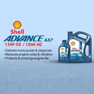 Shell Advance AX7 15W-50/10W-40 motor oil bottle on a gray background