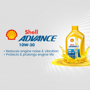 Shell Advance 10W-30 motor oil bottle with splash effect and product benefits.