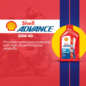 Shell Advance 20W-40 motor oil bottle with motorcycle background
