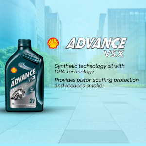 Shell Advance VSX 2T synthetic engine oil bottle with branding and product information.