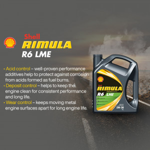 Shell Rimula R6 LME engine oil in a one-gallon container with product features listed.