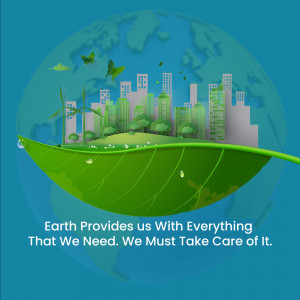 Illustration of a green leaf cradling a cityscape and globe, representing environmental care.