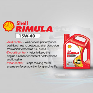 Shell Rimula 15W-40 engine oil in a red container with product features listed.