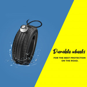 Close-up of a wet tire with water droplets, promoting durable wheels for road protection.