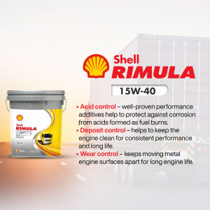 Shell Rimula 15W-40 engine oil in a yellow and grey bucket with product features listed.