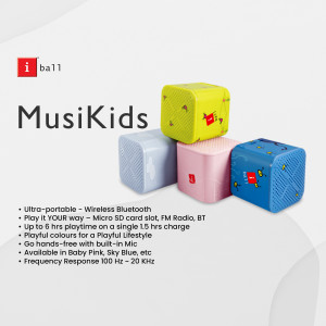 Colorful iBall MusiKids Bluetooth speakers in yellow, pink, blue, and grey.