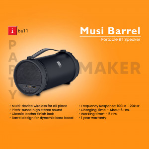 Black iBall Musi Barrel portable Bluetooth speaker on an orange background