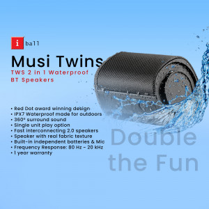iBall Musi Twins waterproof Bluetooth speakers with splash effect