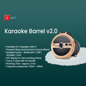 iBall Karaoke Barrel v2.0 portable speaker with gold accents