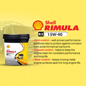 Shell Rimula R3 15W-40 engine oil in a black container with yellow and red branding.