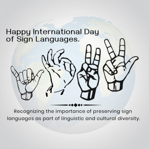 Illustration of hands signing with a globe in the background, celebrating International Day of Sign Languages.
